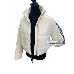 Juicy Couture White Cropped Puffer Ski Jacket Logo Sleeves Women’s S